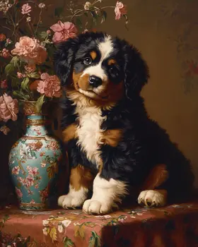 Bernese Mountain Dog Puppy by Vase - Pet Dog Still Life Wall Art Prints – 8″x10″ Artwork for 11″x14″ Frame