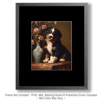 Bernese Mountain Dog Puppy by Vase - Pet Dog Still Life Wall Art Prints – 8″x10″ Artwork for 11″x14″ Frame