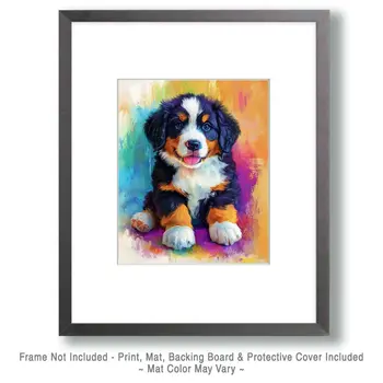 Watercolor Bernese Mountain Dog Puppy - Pet Dog Still Life Wall Art Prints – 8″x10″ Artwork for 11″x14″ Frame