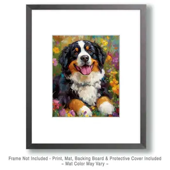 Floral Bernese Mountain Dog - Pet Dog Still Life Wall Art Prints – 8″x10″ Artwork for 11″x14″ Frame