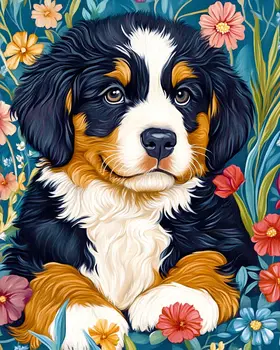Watercolor Bernese Mountain Dog Puppy in Garden - Pet Dog Still Life Wall Art Prints – 8″x10″ Artwork for 11″x14″ Frame