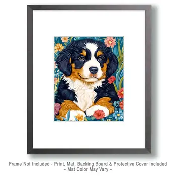 Watercolor Bernese Mountain Dog Puppy in Garden - Pet Dog Still Life Wall Art Prints – 8″x10″ Artwork for 11″x14″ Frame