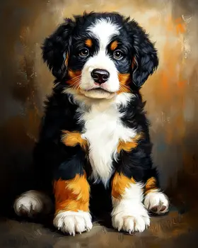 Bernese Mountain Dog Puppy Portrait - Pet Dog Still Life Wall Art Prints – 8″x10″ Artwork for 11″x14″ Frame