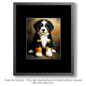 Bernese Mountain Dog Puppy Portrait - Pet Dog Still Life Wall Art Prints – 8″x10″ Artwork for 11″x14″ Frame