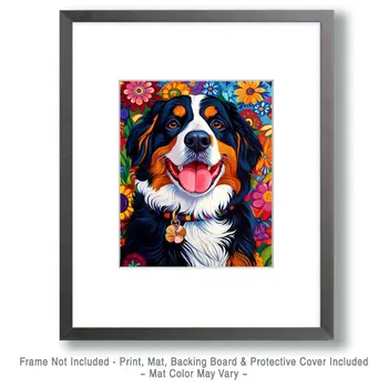 BOHO Bernese Mountain Dog - Pet Dog Still Life Wall Art Prints – 8″x10″ Artwork for 11″x14″ Frame