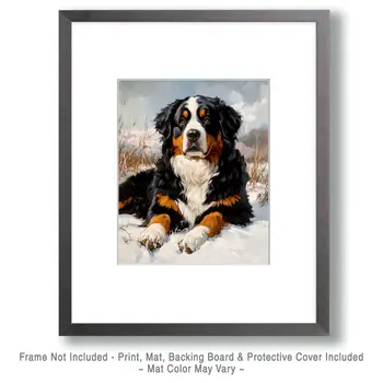 Bernese Mountain Dog in the Snow - Pet Dog Still Life Wall Art Prints – 8″x10″ Artwork for 11″x14″ Frame
