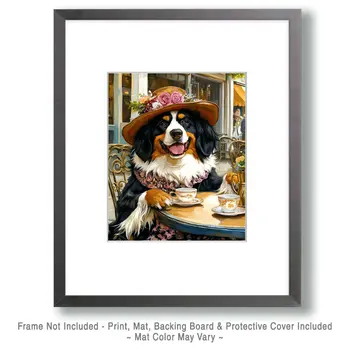 Bernese Mountain Dog Having Tea - Pet Dog Still Life Wall Art Prints – 8″x10″ Artwork for 11″x14″ Frame
