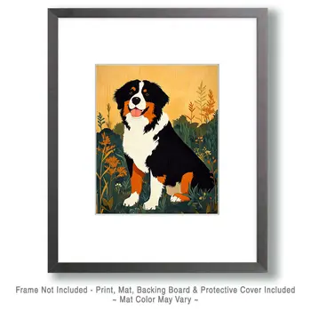Mid-Century Modern Bernese Mountain Dog - Pet Dog Still Life Wall Art Prints – 8″x10″ Artwork for 11″x14″ Frame