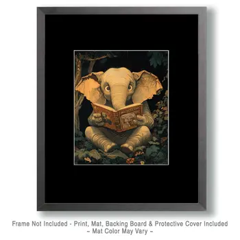 Elephant Reading a Scary Book - Anthropomorphic Animals Wall Art Prints – 8″x10″ Artwork for 11″x14″ Frame