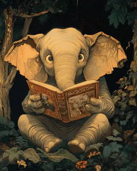 Elephant Reading a Scary Book - Anthropomorphic Animals Wall Art Prints – 8″x10″ Artwork for 11″x14″ Frame