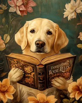 Labrador Retriever Reading the House Rules - Anthropomorphic Animals Wall Art Prints – 8″x10″ Artwork for 11″x14″ Frame