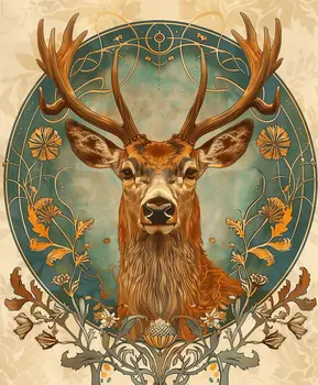 Buck Deer 1 Art Nouveau art- Animal Kingdom Wall Art Prints in Art Nouveau Style – 8″x10″ Artwork for 11″x14″ Frame