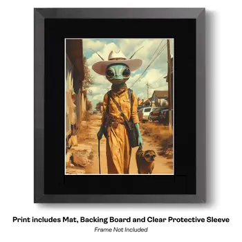 Alien Space Cowgirl Walking Dog in Roswell - Cowgirl Western Art Prints 8"x10" Artwork for 11"x14" Frame
