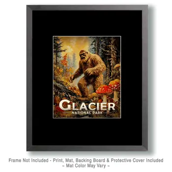 Bigfoot Mushroom Hunting - Glacier Souvenir Art Prints - 8"x10" Artwork for 11"x14" Frame