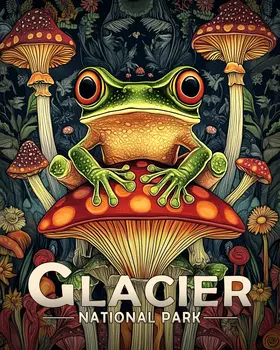 Frog on Mushroom - Glacier Souvenir Art Prints - 8"x10" Artwork for 11"x14" Frame