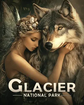 Fairy with Pet Wolf - Glacier Souvenir Art Prints - 8"x10" Artwork for 11"x14" Frame