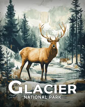 Elk by Creek - Glacier Souvenir Art Prints - 8"x10" Artwork for 11"x14" Frame
