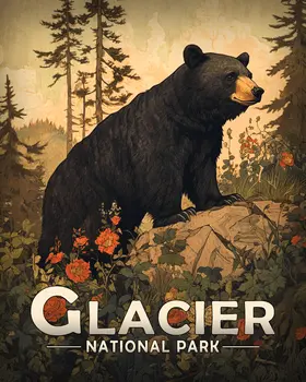 Antique Style Black Bear - Glacier Souvenir Art Prints - 8"x10" Artwork for 11"x14" Frame