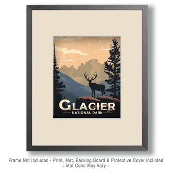 Elk Silhouette - Glacier Souvenir Art Prints - 8"x10" Artwork for 11"x14" Frame