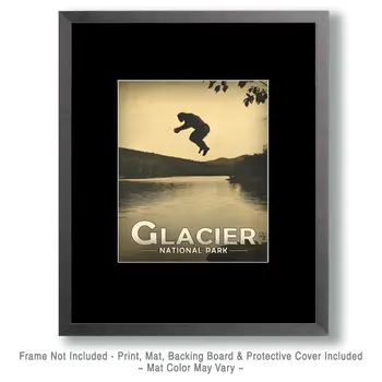 Bigfoot Jumping in Flathead River - Glacier Souvenir Art Prints - 8"x10" Artwork for 11"x14" Frame