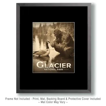 Bigfoot Talking to a Canadian Goose - Glacier Souvenir Art Prints - 8"x10" Artwork for 11"x14" Frame