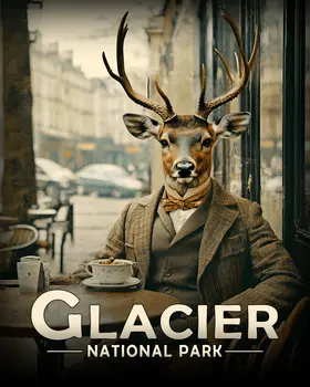 Buck Deer at Cafe - Glacier Souvenir Art Prints - 8"x10" Artwork for 11"x14" Frame