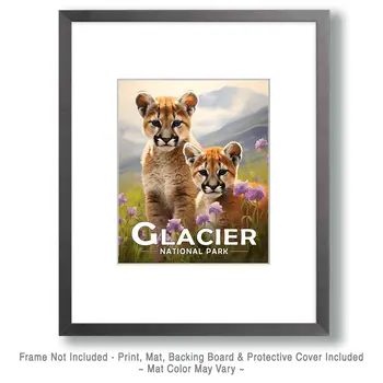 Mountain Lion Cubs - Glacier Souvenir Art Prints - 8"x10" Artwork for 11"x14" Frame