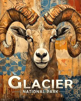 Stylized Bighorn Ram - Glacier Souvenir Art Prints - 8"x10" Artwork for 11"x14" Frame