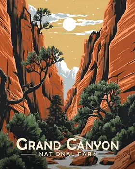 Vintage Canyon View - Grand Canyon Souvenir Art Prints - 8"x10" Artwork for 11"x14" Frame