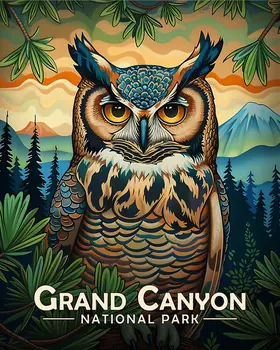 Folk Art Owl - Grand Canyon Souvenir Art Prints - 8"x10" Artwork for 11"x14" Frame
