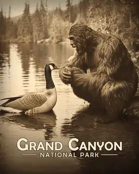 Bigfoot Talking to a Canadian Goose - Grand Canyon Souvenir Art Prints - 8"x10" Artwork for 11"x14" Frame