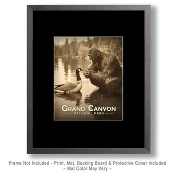 Bigfoot Talking to a Canadian Goose - Grand Canyon Souvenir Art Prints - 8"x10" Artwork for 11"x14" Frame