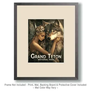 Fairy with Pet Wolf - Grand Tetons Souvenir Art Prints - 8"x10" Artwork for 11"x14" Frame