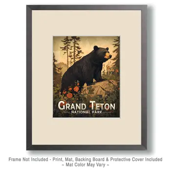 Antique Style Black Bear - Grand Tetons Souvenir Art Prints - 8"x10" Artwork for 11"x14" Frame