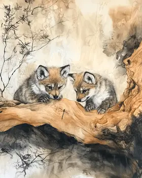 Wolf Pups Watch Dragonfly - Animal Mothers & Babies Wall Art Prints – 8″x10″ Artwork for 11″x14″ Frame