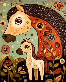 Stylized Mother and Baby Horse - Animal Mothers & Babies Wall Art Prints – 8″x10″ Artwork for 11″x14″ Frame