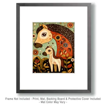 Stylized Mother and Baby Horse - Animal Mothers & Babies Wall Art Prints – 8″x10″ Artwork for 11″x14″ Frame