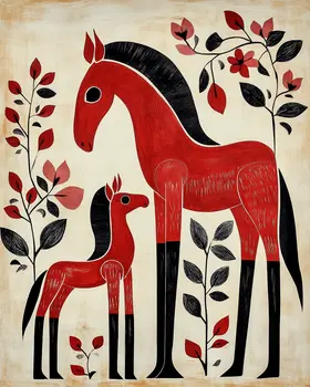 Folk Art Mother and Baby Horse - Animal Mothers & Babies Wall Art Prints – 8″x10″ Artwork for 11″x14″ Frame