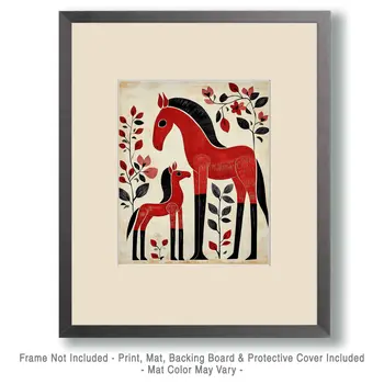 Folk Art Mother and Baby Horse - Animal Mothers & Babies Wall Art Prints – 8″x10″ Artwork for 11″x14″ Frame