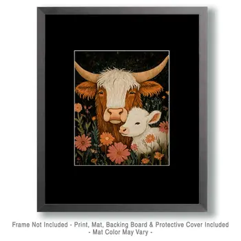 Mother and Baby Highland Cow - Animal Mothers & Babies Wall Art Prints – 8″x10″ Artwork for 11″x14″ Frame