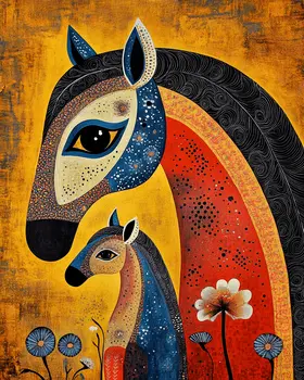 Vintage Nouveau Style Mother and Baby Horse- Animal Mothers & Babies Wall Art Prints – 8″x10″ Artwork for 11″x14″ Frame