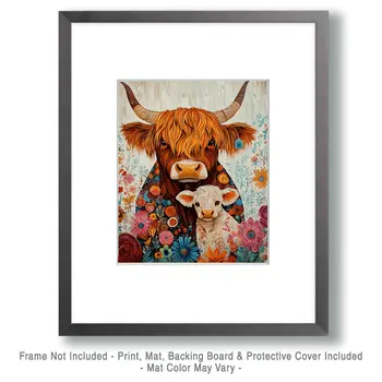 Impressionist Highland Cow Baby and Mother - Animal Mothers & Babies Wall Art Prints – 8″x10″ Artwork for 11″x14″ Frame