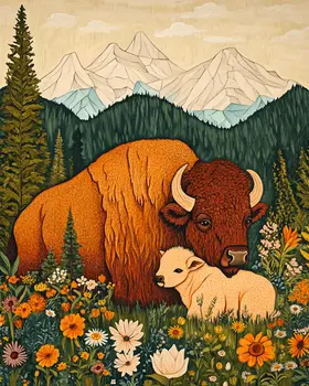 Bison and Baby - Animal Mothers & Babies Wall Art Prints – 8″x10″ Artwork for 11″x14″ Frame