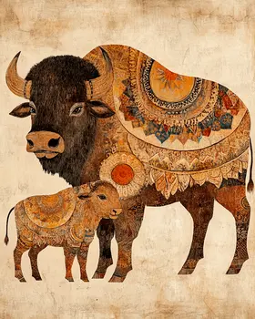 BOHO Bison Baby with Mother - Animal Mothers & Babies Wall Art Prints – 8″x10″ Artwork for 11″x14″ Frame