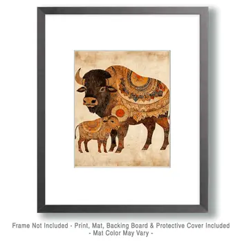 BOHO Bison Baby with Mother - Animal Mothers & Babies Wall Art Prints – 8″x10″ Artwork for 11″x14″ Frame