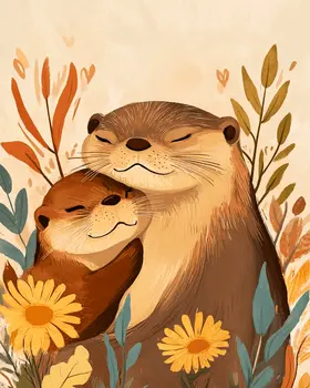 Otter Baby with Mother - Animal Mothers & Babies Wall Art Prints – 8″x10″ Artwork for 11″x14″ Frame