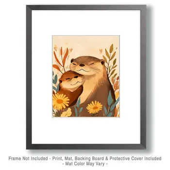 Otter Baby with Mother - Animal Mothers & Babies Wall Art Prints – 8″x10″ Artwork for 11″x14″ Frame