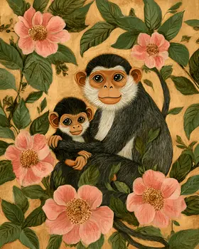 Monkey Baby with Mother - Animal Mothers & Babies Wall Art Prints – 8″x10″ Artwork for 11″x14″ Frame
