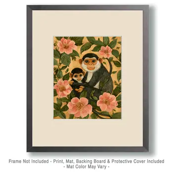 Monkey Baby with Mother - Animal Mothers & Babies Wall Art Prints – 8″x10″ Artwork for 11″x14″ Frame