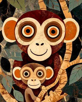 Wide Eyed Monkey Baby  with Mom - Animal Mothers & Babies Wall Art Prints – 8″x10″ Artwork for 11″x14″ Frame